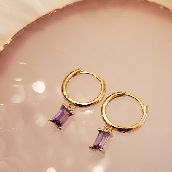 2/$25 Amethyst Purple Baguette Pendant & Gold Huggie Hoops - Picture 2 of 3